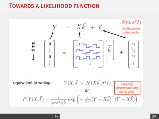 Towards a likelihood function
Formal treatment: vector version
0
…
Y X~
k
=
…
~
k
=
time
+ ~
✏
N(0, 2
I)
…
+
iid Gaussian
noise vector
✏1
✏2
✏3
equivalent to writing:
or
Y |X,~
k ⇠ N(X~
k, 2
I)
P(Y |X,~
k) = 1
|2⇡ 2I|
T
2
exp
⇣
1
2 2 (Y X~
k)>
(Y X~
k)
⌘
Take log,
differentiate and
set to zero.
1
0
23
14 38
 