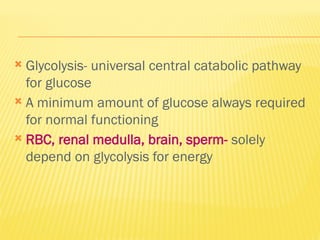  Glycolysis- universal central catabolic pathway
for glucose
 A minimum amount of glucose always required
for normal functioning
 RBC, renal medulla, brain, sperm- solely
depend on glycolysis for energy
 