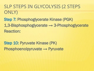SLP STEPS IN GLYCOLYSIS (2 STEPS
ONLY)
Step 7: Phosphoglycerate Kinase (PGK)
1,3-Bisphosphoglycerate → 3-Phosphoglycerate
Reaction:
Step 10: Pyruvate Kinase (PK)
Phosphoenolpyruvate → Pyruvate
 