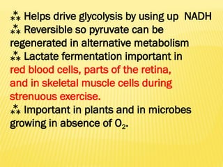  Helps drive glycolysis by using up NADH
 Reversible so pyruvate can be
regenerated in alternative metabolism
 Lactate fermentation important in
red blood cells, parts of the retina,
and in skeletal muscle cells during
strenuous exercise.
 Important in plants and in microbes
growing in absence of O2.
 
