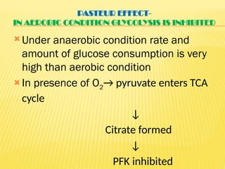 PASTEUR EFFECT-
IN AEROBIC CONDITION GLYCOLYSIS IS INHIBITED
 Under anaerobic condition rate and
amount of glucose consumption is very
high than aerobic condition
 In presence of O2→ pyruvate enters TCA
cycle
↓
Citrate formed
↓
PFK inhibited
 
