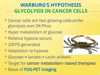 WARBURG’S HYPOTHESIS
GLYCOLYSIS IN CANCER CELLS
 Cancer cells are fast growing cells-prefer
glycolysis over OX-Phos
 Hyper metabolism of glucose
 Relative hypoxia occurs
 2ATPS generated
 Adaptation to hypoxia
 Glucose→ lactate→ Lactic acidosis
 Target for cancer metabolism–based therapies
 Basis of FDG-PET imaging
 