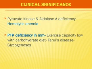 CLINICAL SIGNIFICANCE
 Pyruvate kinase & Aldolase A deficiency-
Hemolytic anemia
 PFK deficiency in mm- Exercise capacity low
with carbohydrate diet- Tarui’s disease-
Glycogenoses
 
