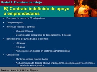 B) Contrato indefinido de apoyo a emprendedores 
Empresas de menos de 50 trabajadores. 
Tiempo completo 
Incentivos fiscales si contrata: 
Bonificaciones Seguridad Social si contrata: 
Antonio JJ.. GGuuiirraaoo SSiillvveennttee ((@@aannttoonniioo__gguuiirraaoo)) 
Jóvenes<30 años 
Desempleados perceptores de desempleo(min. 3 
meses) 
<30 años. 
>45 años 
Aumentan si son mujeres en sectores 
subrepresentadas. 
FORMACIÓN Y ORIENTACIÓN LABORAL 
Unidad 2: El contrato de trabajo 
Obligaciones: 
Mantener contrato mínimo 3 años 
No haber realizado despido objetivo improcedente o 
despido colectivo en 6 meses que afecte a esos 
puestos. 
 