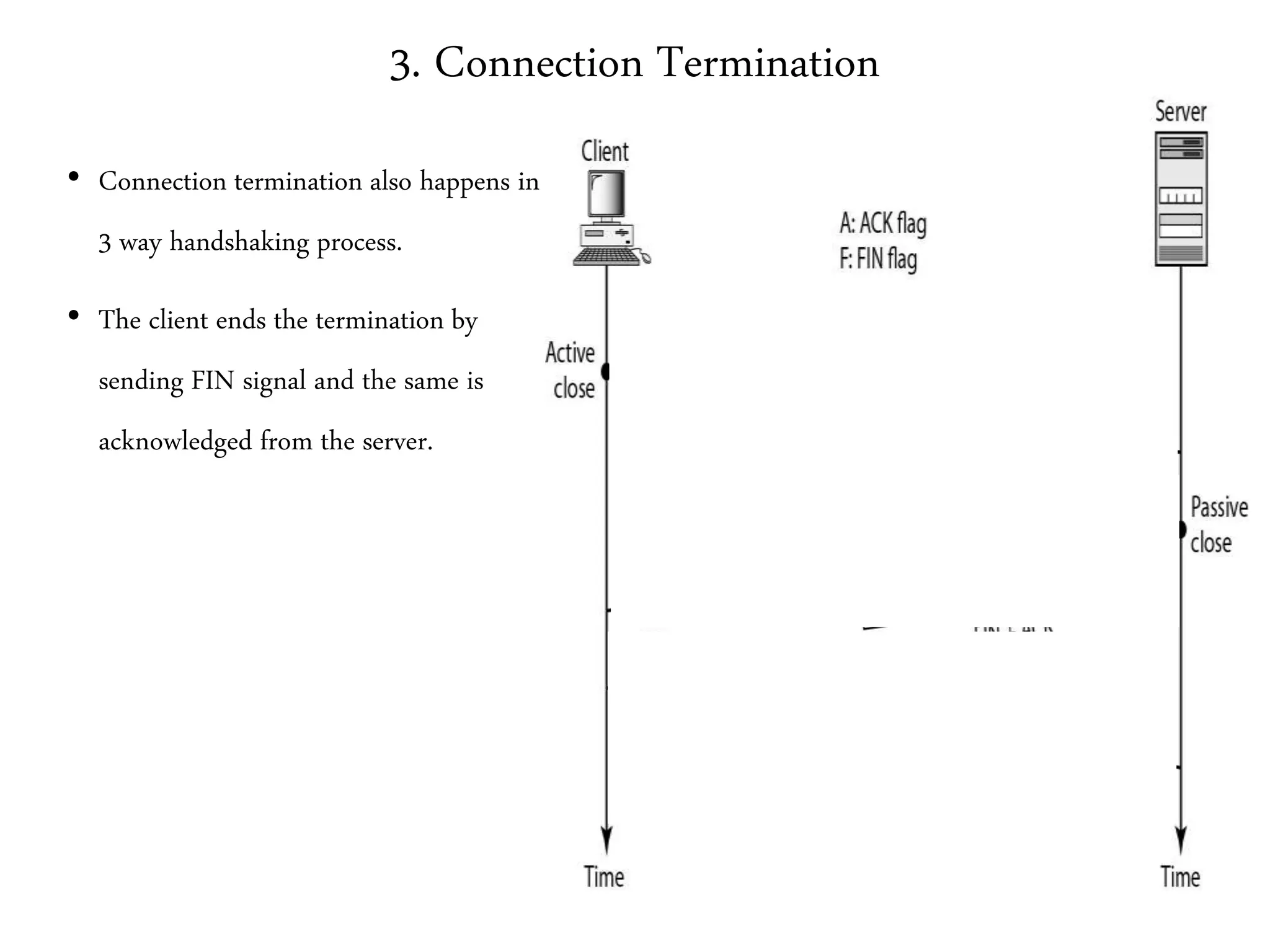 3. Connection Termination
• Connection termination also happens in
3 way handshaking process.
• The client ends the termination by
sending FIN signal and the same is
acknowledged from the server.
 