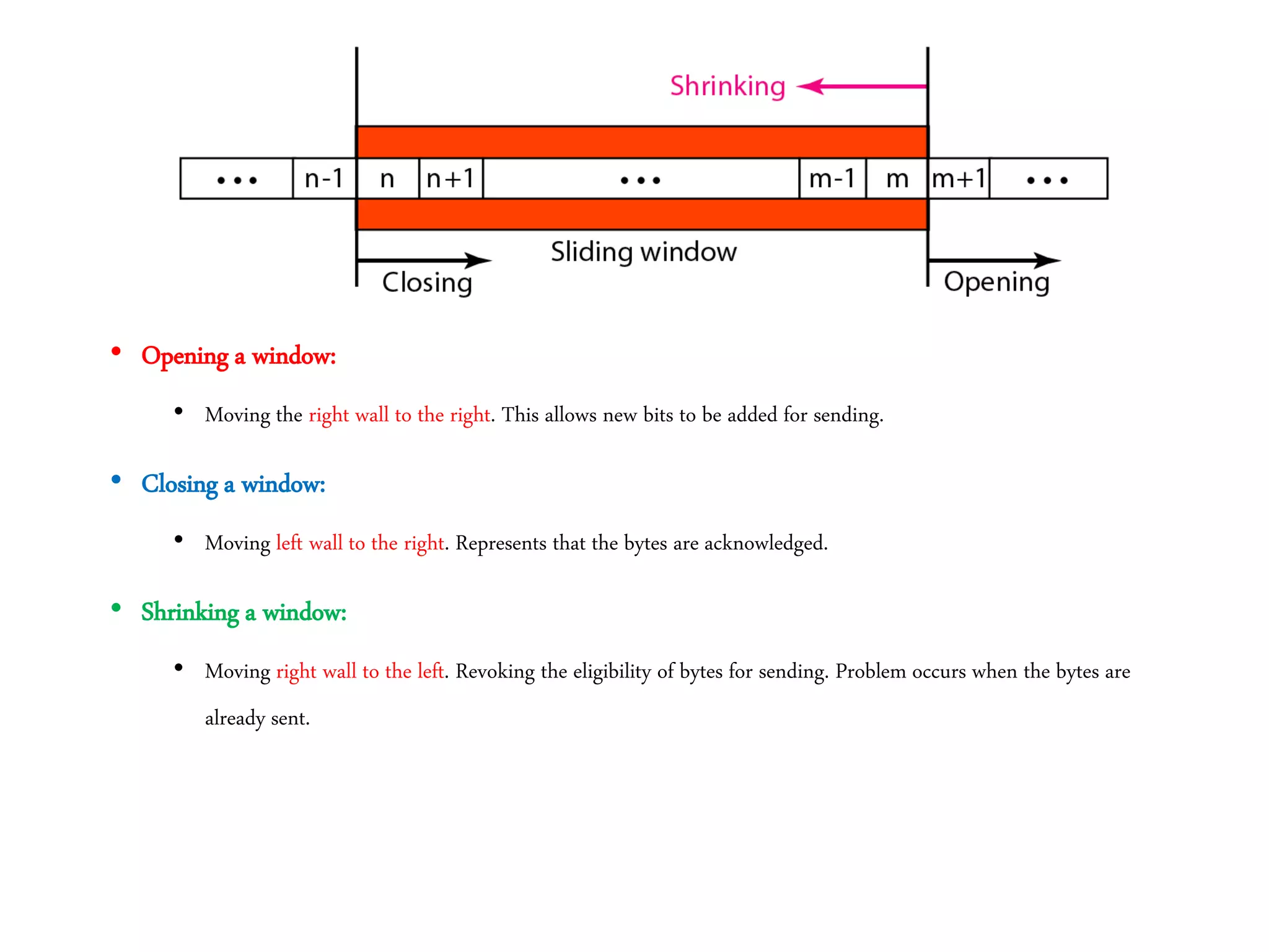 • Opening a window:
• Moving the right wall to the right. This allows new bits to be added for sending.
• Closing a window:
• Moving left wall to the right. Represents that the bytes are acknowledged.
• Shrinking a window:
• Moving right wall to the left. Revoking the eligibility of bytes for sending. Problem occurs when the bytes are
already sent.
 