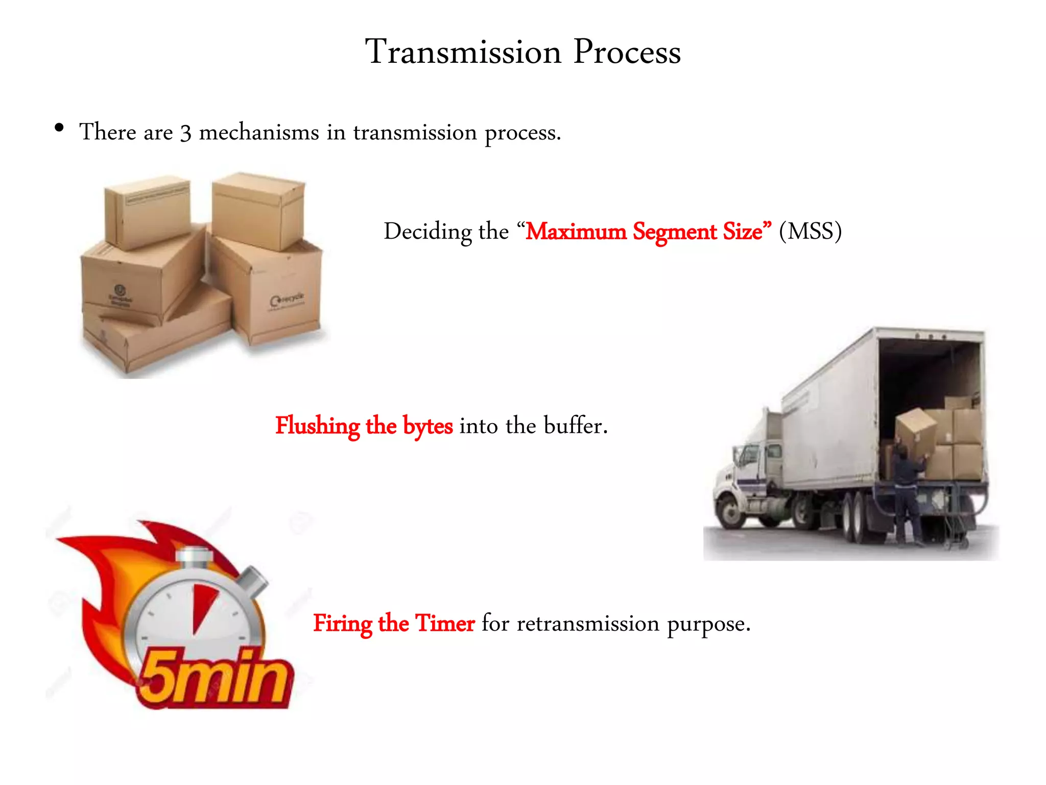 Transmission Process
• There are 3 mechanisms in transmission process.
Deciding the “Maximum Segment Size” (MSS)
Flushing the bytes into the buffer.
Firing the Timer for retransmission purpose.
 