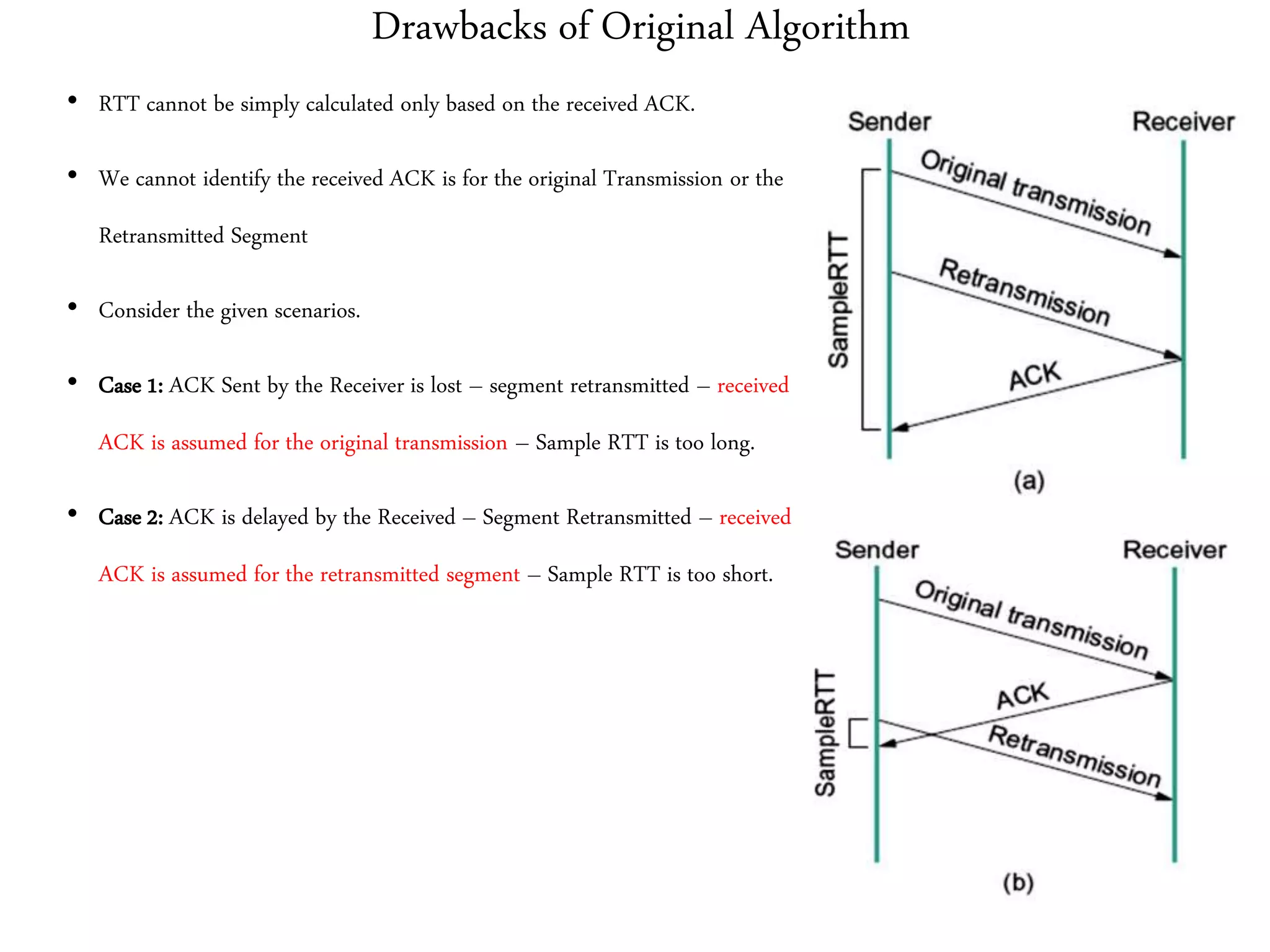 Drawbacks of Original Algorithm
• RTT cannot be simply calculated only based on the received ACK.
• We cannot identify the received ACK is for the original Transmission or the
Retransmitted Segment
• Consider the given scenarios.
• Case 1: ACK Sent by the Receiver is lost – segment retransmitted – received
ACK is assumed for the original transmission – Sample RTT is too long.
• Case 2: ACK is delayed by the Received – Segment Retransmitted – received
ACK is assumed for the retransmitted segment – Sample RTT is too short.
 