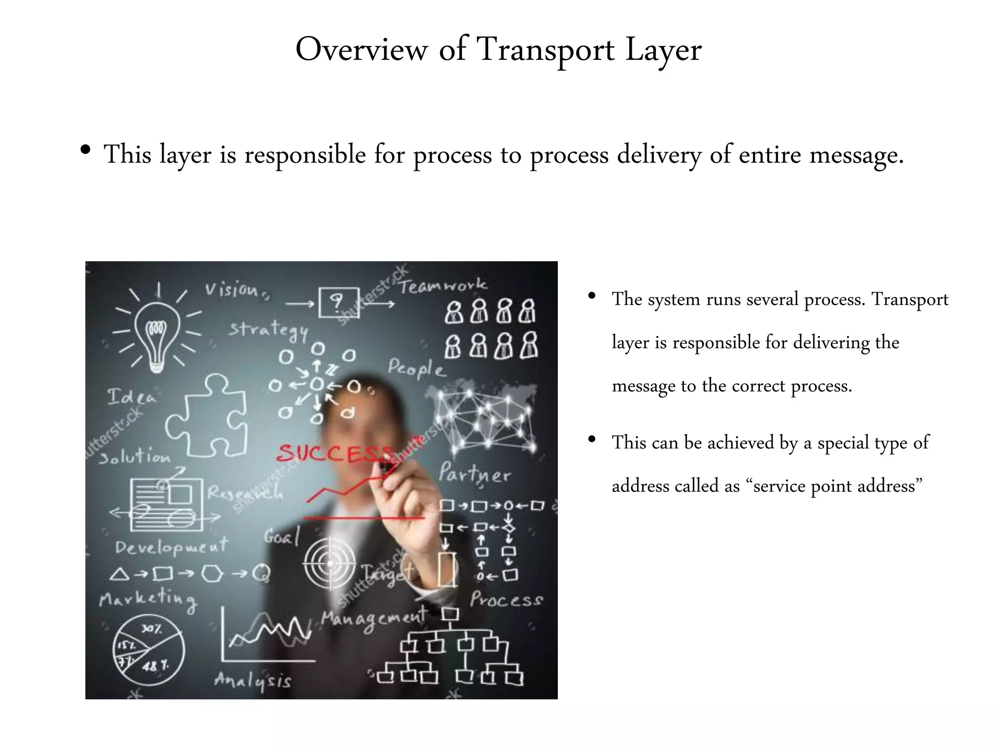 Overview of Transport Layer
• This layer is responsible for process to process delivery of entire message.
• The system runs several process. Transport
layer is responsible for delivering the
message to the correct process.
• This can be achieved by a special type of
address called as “service point address”
 
