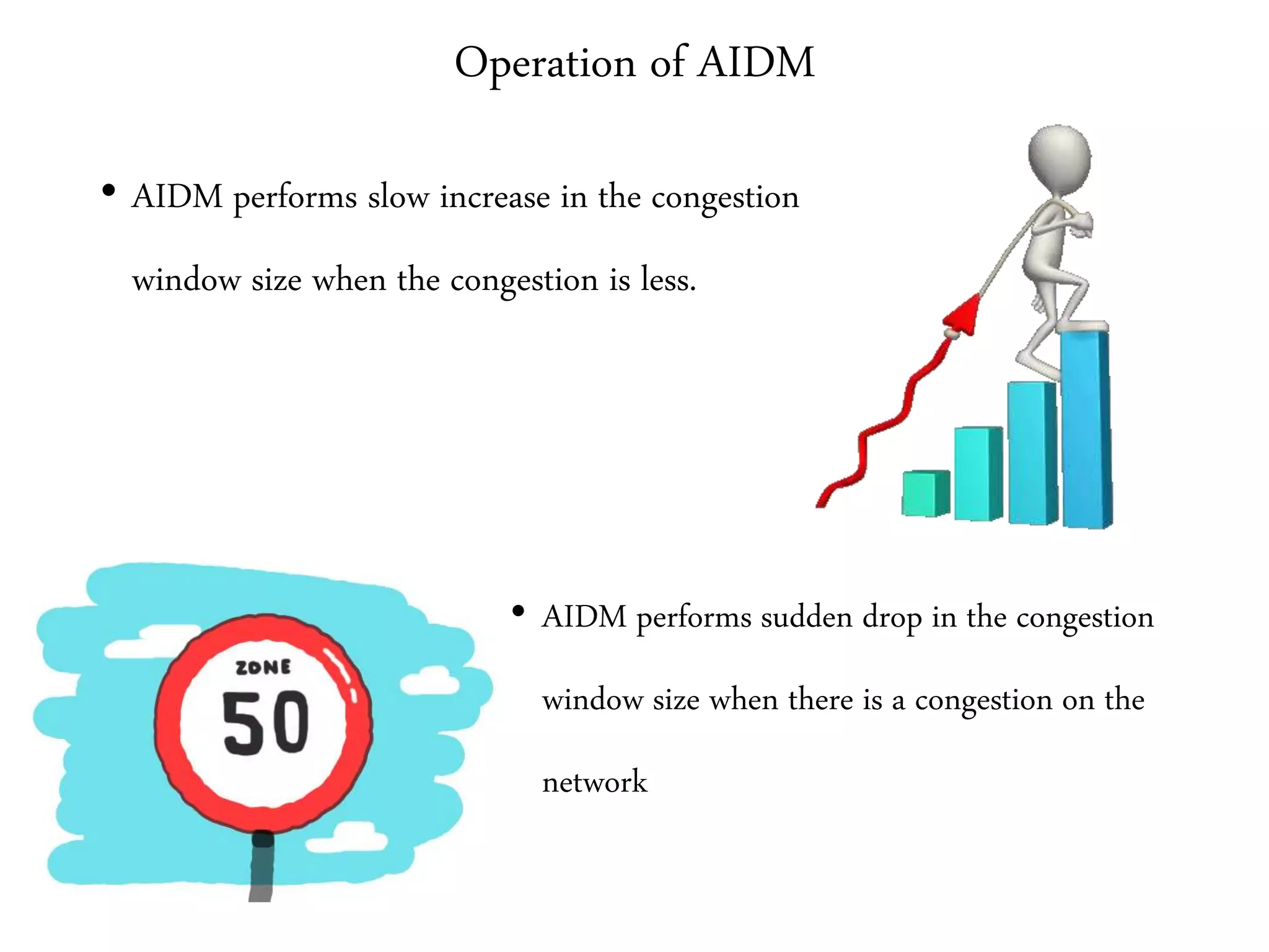 Operation of AIDM
• AIDM performs slow increase in the congestion
window size when the congestion is less.
• AIDM performs sudden drop in the congestion
window size when there is a congestion on the
network
 