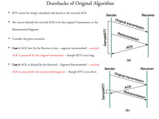 Drawbacks of Original Algorithm
• RTT cannot be simply calculated only based on the received ACK.
• We cannot identify the received ACK is for the original Transmission or the
Retransmitted Segment
• Consider the given scenarios.
• Case 1: ACK Sent by the Receiver is lost – segment retransmitted – received
ACK is assumed for the original transmission – Sample RTT is too long.
• Case 2: ACK is delayed by the Received – Segment Retransmitted – received
ACK is assumed for the retransmitted segment – Sample RTT is too short.
 