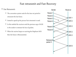 Fast retransmit and Fast Recovery
• Fast Retransmit:
• The convention system waits for the time out period to
retransmit the lost frame.
• Instead to speed up the process Fast retransmit is used.
• In this method the receivers send the previous copy of ACK
to the sender to intimate the loss of packets.
• When the receiver keeps on receiving the Duplicate ACK
then the frame is Retransmitted.
Packet 1
Packet 2
Packet 3
Packet 4
Packet 5
Packet 6
Retransmit
packet 3
ACK 1
ACK 2
ACK 2
ACK 2
ACK 6
ACK 2
Sender Receiver
 