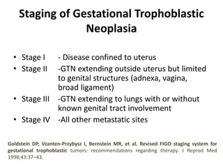Staging of Gestational Trophoblastic
Neoplasia
• Stage I - Disease confined to uterus
• Stage II -GTN extending outside uterus but limited
to genital structures (adnexa, vagina,
broad ligament)
• Stage III -GTN extending to lungs with or without
known genital tract involvement
• Stage IV -All other metastatic sites
Goldstein DP, Vzanten-Przybysz I, Bernstein MR, et al. Revised FIGO staging system for
gestational trophoblastic tumors: recommendations regarding therapy. J Reprod Med
1998;43:37–43.
 