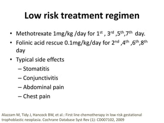 Low risk treatment regimen
• Methotrexate 1mg/kg /day for 1st , 3rd ,5th,7th day.
• Folinic acid rescue 0.1mg/kg/day for 2nd ,4th ,6th,8th
day
• Typical side effects
– Stomatitis
– Conjunctivitis
– Abdominal pain
– Chest pain
Alazzam M, Tidy J, Hancock BW, et al.: First line chemotherapy in low risk gestational
trophoblastic neoplasia. Cochrane Database Syst Rev (1): CD007102, 2009
 