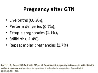 Pregnancy after GTN
• Live births (66.9%),
• Preterm deliveries (6.7%),
• Ectopic pregnancies (1.1%),
• Stillbirths (1.4%)
• Repeat molar pregnancies (1.7%)
Garrett LA, Garner EO, Feltmate CM, et al. Subsequent pregnancy outcomes in patients with
molar pregnancy and persistent gestational trophoblastic neoplasia. J Reprod Med
2008;53:481–486.
 