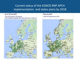 Current status of the EGNOS RNP APCH
implementation and states plans by 2018
As of 14thJan 2015
163 LPV serving 105 airports
(+86 ‘EGNOS enabled’ APV Baro serving 41 airports)
Plans by 2018
>500 LPV planned by 2018
 