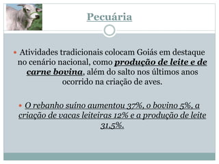 Pecuária
 Atividades tradicionais colocam Goiás em destaque
no cenário nacional, como produção de leite e de
carne bovina, além do salto nos últimos anos
ocorrido na criação de aves.
 O rebanho suíno aumentou 37%, o bovino 5%, a
criação de vacas leiteiras 12% e a produção de leite
31,5%.
 