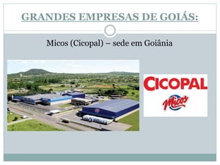 GRANDES EMPRESAS DE GOIÁS:
Micos (Cicopal) – sede em Goiânia
 