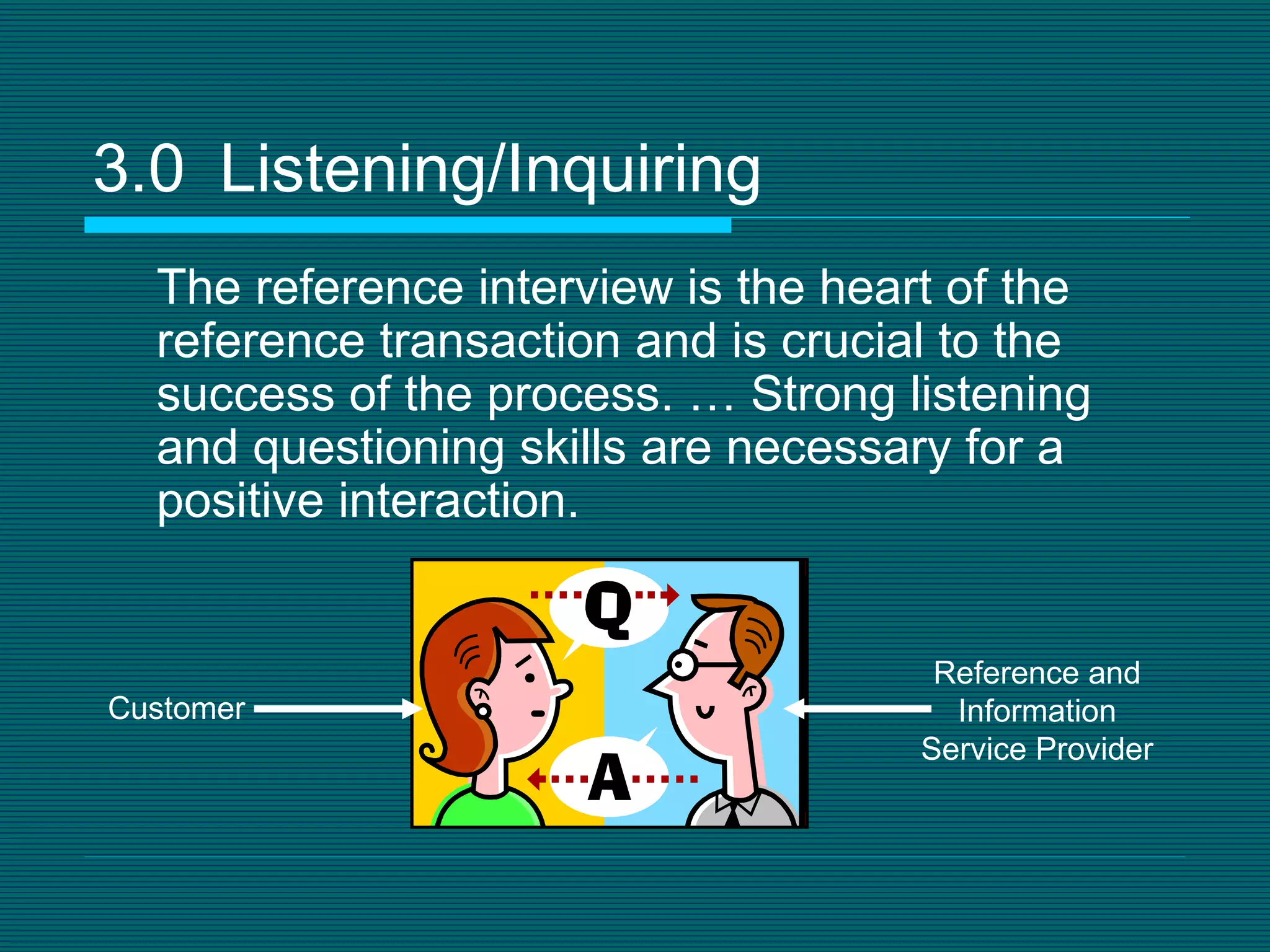 3.0 Listening/Inquiring The reference interview is the heart of the reference transaction and is crucial to the success of the process. … Strong listening and questioning skills are necessary for a positive interaction.  Reference and Information Service Provider Customer 