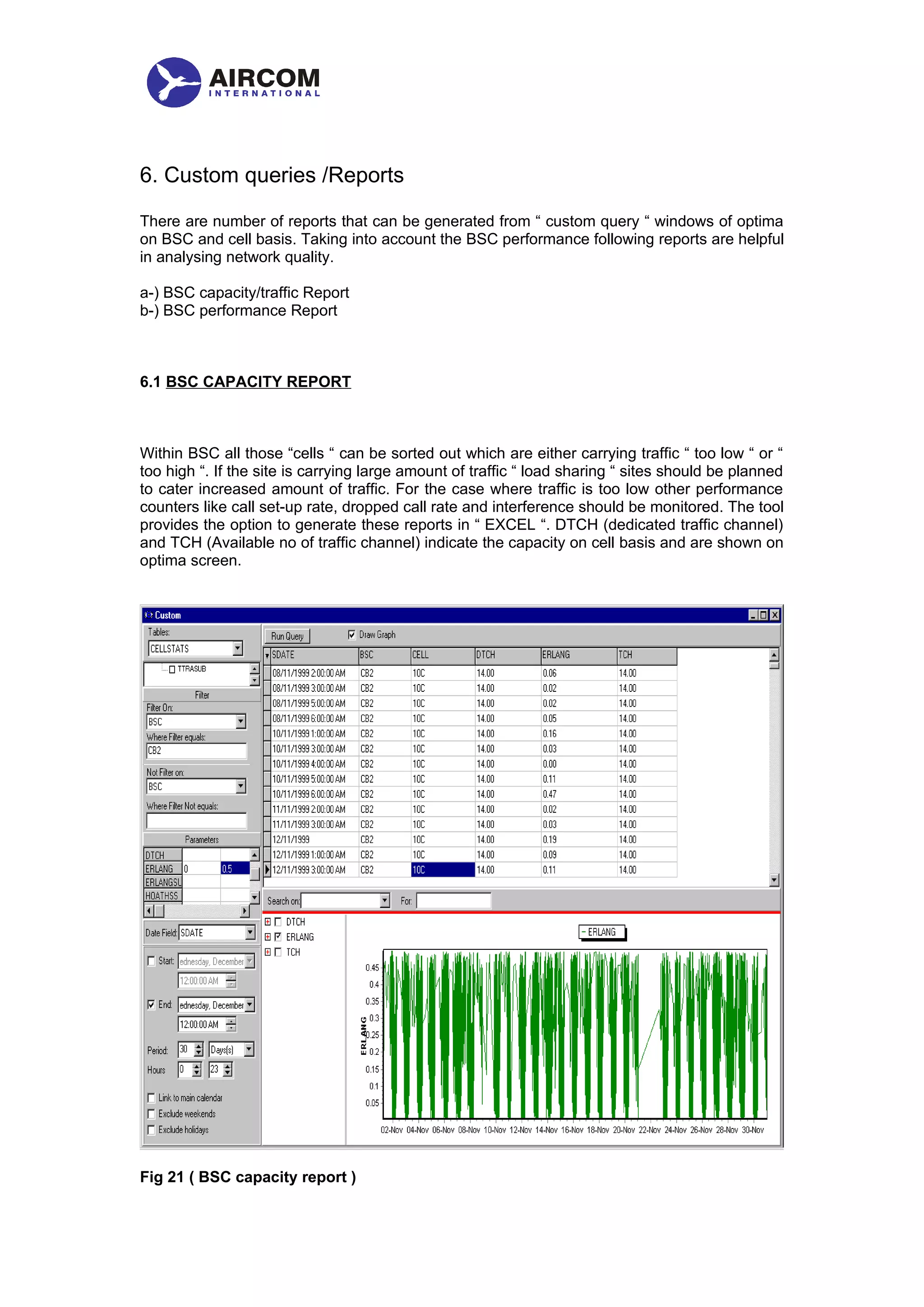 6. Custom queries /Reports
There are number of reports that can be generated from “ custom query “ windows of optima
on BSC and cell basis. Taking into account the BSC performance following reports are helpful
in analysing network quality.
a-) BSC capacity/traffic Report
b-) BSC performance Report
6.1 BSC CAPACITY REPORT
Within BSC all those “cells “ can be sorted out which are either carrying traffic “ too low “ or “
too high “. If the site is carrying large amount of traffic “ load sharing “ sites should be planned
to cater increased amount of traffic. For the case where traffic is too low other performance
counters like call set-up rate, dropped call rate and interference should be monitored. The tool
provides the option to generate these reports in “ EXCEL “. DTCH (dedicated traffic channel)
and TCH (Available no of traffic channel) indicate the capacity on cell basis and are shown on
optima screen.
Fig 21 ( BSC capacity report )
 