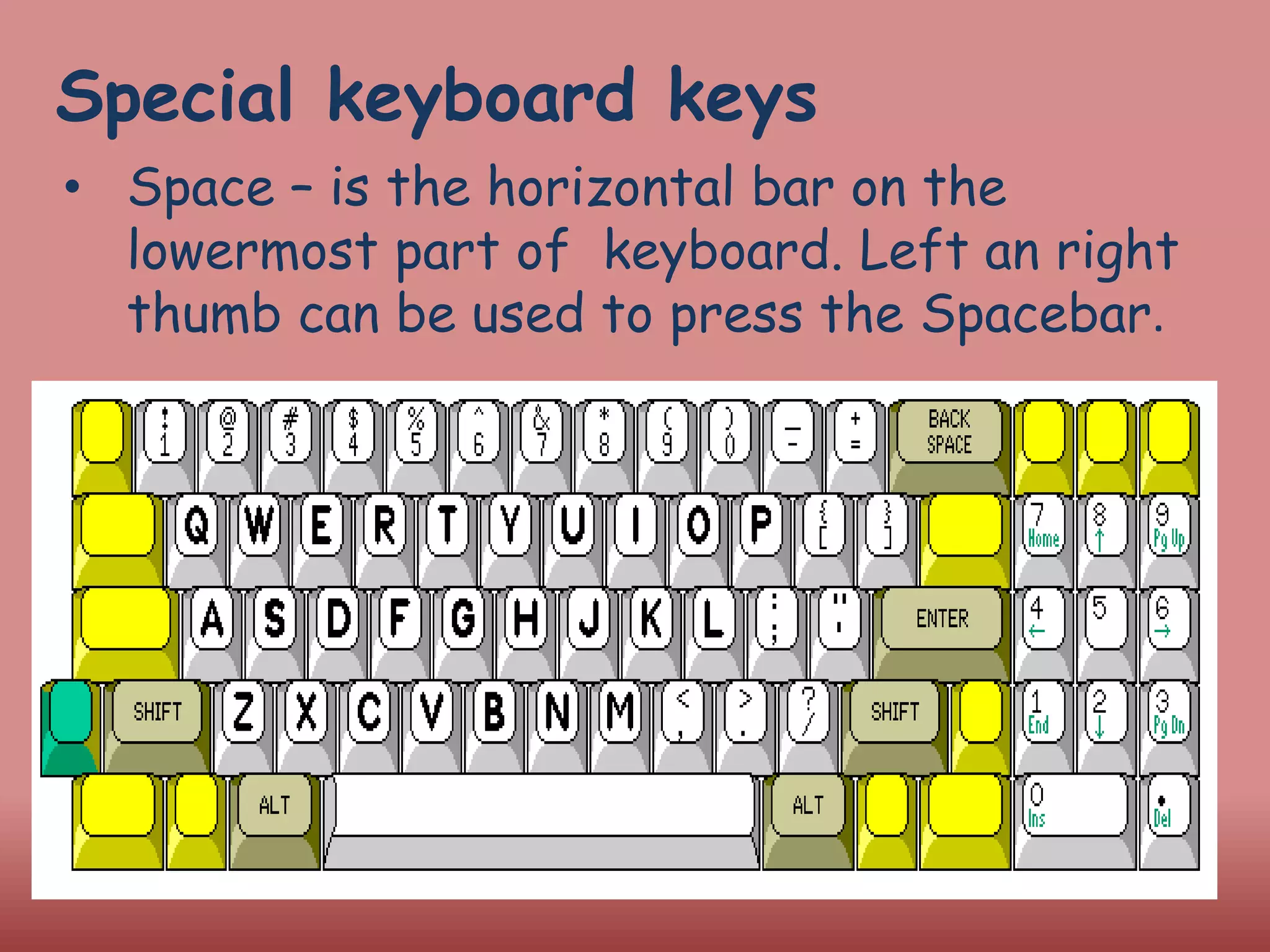 Special keyboard keys
• Space – is the horizontal bar on the
lowermost part of keyboard. Left an right
thumb can be used to press the Spacebar.
 