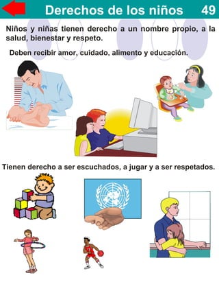 Tienen derecho a ser escuchados, a jugar y a ser respetados.
Deben recibir amor, cuidado, alimento y educación.
Niños y niñas tienen derecho a un nombre propio, a la
salud, bienestar y respeto.
Derechos de los niños 49
 