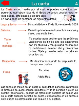 La carta 4
La Carta es un medio por el cual te puedes comunicar con
personas que están lejos de ti. Estas personas pueden estar en
otra ciudad, otro estado o en otro país.
La carta debe de contener los siguientes datos.:
Las cartas se meten en un sobre al cual debes ponerles claramente
la dirección de quien escribe (remitente) y de la persona a quien se
escribe (destinatario), ponerle las estampillas postales las cuales van
en la parte superior derecha del sobre y depositarlas en un buzón o
en la oficina de correos para que lleguen a su destino.
Lugar y fecha
Saludos
Texto
o
mensaje
Despedida
Firma
Toluca México a 23 de Noviembre de 2005
Querido primo te mando muchos saludos y
deseo que estés bien.
Te escribo para decirte que las próximas
vacaciones de fin de año las pasaremos
con mi abuelita y me gustaría mucho que
te pudiéramos saludar ahí y divertirnos
juntos. Ojala y puedas estar por allá en
esas fechas.
Me despido esperando tu respuesta lo
mas pronto posible.
Tu prima
Adela Ruiz
 