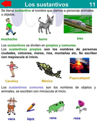 Los sustantivos 11
Se llama sustantivo al nombre que damos a personas animales
u objetos.
muchacho burro tren
Los sustantivos se dividen en propios y comunes.
Los sustantivos propios son los nombres de personas,
ciudades, volcanes, mares, ríos, montañas etc. Se escriben
con mayúscula al inicio.
Carolina México
Popocatépetl
Los sustantivos comunes son los nombres de objetos y
animales, se escriben con minúscula al inicio.
vaca lápiz rana rosa
 