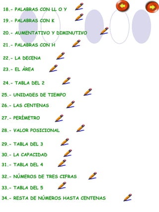 18.- PALABRAS CON LL O Y
19.- PALABRAS CON K
20.- AUMENTATIVO Y DIMINUTIVO
21.- PALABRAS CON H
22.- LA DECENA
23.- EL ÁREA
24.- TABLA DEL 2
25.- UNIDADES DE TIEMPO
26.- LAS CENTENAS
27.- PERÍMETRO
28.- VALOR POSICIONAL
29.- TABLA DEL 3
30.- LA CAPACIDAD
31.- TABLA DEL 4
32.- NÚMEROS DE TRES CIFRAS
33.- TABLA DEL 5
34.- RESTA DE NÚMEROS HASTA CENTENAS
 