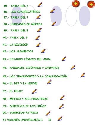 35.- TABLA DEL 6
36.- LOS CUADRILÁTEROS
37.- TABLA DEL 7
38.- UNIDADES DE MEDIDA
39.- TABLA DEL 8
40.- TABLA DEL 9
41.- LA DIVISIÓN
42.- LOS ALIMENTOS
43.- ESTADOS FÍSICOS DEL AGUA
44.- ANIMALES VIVÍPAROS Y OVIPAROS
45.- LOS TRANSPORTES Y LA COMUNICACIÓN
46.- EL DÍA Y LA NOCHE
47.- EL RELOJ
48.- MÉXICO Y SUS FRONTERAS
49.- DERECHOS DE LOS NIÑOS
50.- SIMBOLOS PATRIOS
51 VALORES UNIVERSALES I II
 