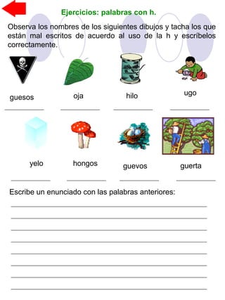 Ejercicios: palabras con h.
Observa los nombres de los siguientes dibujos y tacha los que
están mal escritos de acuerdo al uso de la h y escríbelos
correctamente.
guesos oja hilo ugo
yelo hongos guevos guerta
Escribe un enunciado con las palabras anteriores:
 
