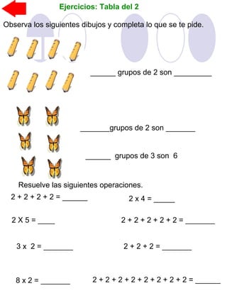 Ejercicios: Tabla del 2
Observa los siguientes dibujos y completa lo que se te pide.
______ grupos de 2 son _________
_______grupos de 2 son _______
Resuelve las siguientes operaciones.
2 x 4 = _____
2 X 5 = ____
______ grupos de 3 son 6
2 + 2 + 2 + 2 = ______
2 + 2 + 2 + 2 + 2 = _______
3 x 2 = _______ 2 + 2 + 2 = _______
8 x 2 = _______ 2 + 2 + 2 + 2 + 2 + 2 + 2 + 2 = ______
 