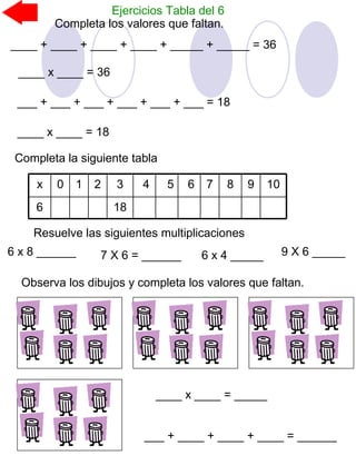 Ejercicios Tabla del 6
Completa los valores que faltan.
____ + ____ + ____ + ____ + _____ + _____ = 36
____ x ____ = 36
___ + ___ + ___ + ___ + ___ + ___ = 18
____ x ____ = 18
Completa la siguiente tabla
186
109876543210x
Resuelve las siguientes multiplicaciones
6 x 8 ______ 7 X 6 = ______ 6 x 4 _____ 9 X 6 _____
____ x ____ = _____
___ + ____ + ____ + ____ = ______
Observa los dibujos y completa los valores que faltan.
 