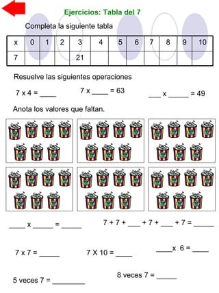 Ejercicios: Tabla del 7
Completa la siguiente tabla
217
109876543210x
Resuelve las siguientes operaciones
7 x 4 = ____ 7 x ____ = 63 ___ x _____ = 49
____ x _____ = _____ 7 + 7 + ___ + 7 + ___ + 7 = _____
7 x 7 = _____ 7 X 10 = ____
5 veces 7 = ________
8 veces 7 = _____
____x 6 = ____
Anota los valores que faltan.
 