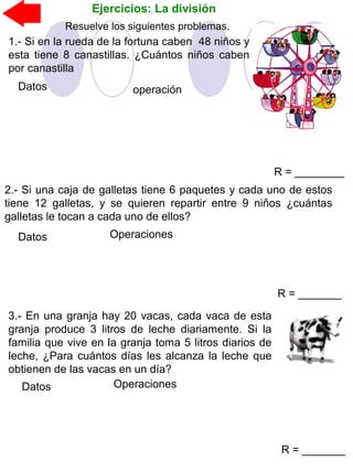 Ejercicios: La división
2.- Si una caja de galletas tiene 6 paquetes y cada uno de estos
tiene 12 galletas, y se quieren repartir entre 9 niños ¿cuántas
galletas le tocan a cada uno de ellos?
3.- En una granja hay 20 vacas, cada vaca de esta
granja produce 3 litros de leche diariamente. Si la
familia que vive en la granja toma 5 litros diarios de
leche, ¿Para cuántos días les alcanza la leche que
obtienen de las vacas en un día?
1.- Si en la rueda de la fortuna caben 48 niños y
esta tiene 8 canastillas. ¿Cuántos niños caben
por canastilla
Resuelve los siguientes problemas.
Datos operación
R = ________
Datos Operaciones
R = _______
Datos Operaciones
R = _______
 