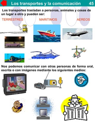 Los transportes y la comunicación 45
Los transportes trasladan a personas, animales y cosas de
un lugar a otro y pueden ser:
TERRESTRES MARITIMOS AEREOS
Nos podemos comunicar con otras personas de forma oral,
escrita o con imágenes mediante los siguientes medios:
 
