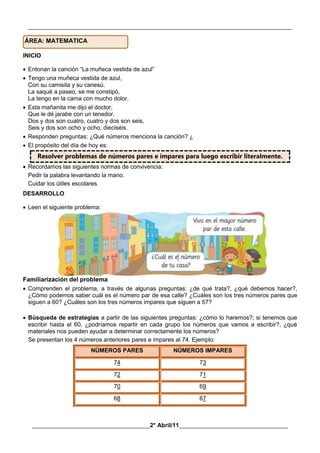 __________________________________________________________________________________________
________________________________________2° Abril/11_____________________________________
INICIO
 Entonan la canción “La muñeca vestida de azul”
 Tengo una muñeca vestida de azul,
Con su camisita y su canesú.
La saqué a paseo, se me constipó,
La tengo en la cama con mucho dolor.
 Esta mañanita me dijo el doctor,
Que le dé jarabe con un tenedor.
Dos y dos son cuatro, cuatro y dos son seis,
Seis y dos son ocho y ocho, dieciséis.
 Responden preguntas: ¿Qué números menciona la canción? ¿
 El propósito del día de hoy es:
Resolver problemas de números pares e impares para luego escribir literalmente.
 Recordamos las siguientes normas de convivencia:
Pedir la palabra levantando la mano.
Cuidar los útiles escolares
DESARROLLO
 Leen el siguiente problema:
Familiarización del problema
 Comprenden el problema, a través de algunas preguntas: ¿de qué trata?, ¿qué debemos hacer?,
¿Cómo podemos saber cuál es el número par de esa calle? ¿Cuáles son los tres números pares que
siguen a 60? ¿Cuáles son los tres números impares que siguen a 57?
 Búsqueda de estrategias a partir de las siguientes preguntas: ¿cómo lo haremos?; si tenemos que
escribir hasta el 60, ¿podríamos repartir en cada grupo los números que vamos a escribir?, ¿qué
materiales nos pueden ayudar a determinar correctamente los números?
Se presentan los 4 números anteriores pares e impares al 74. Ejemplo:
NÚMEROS PARES NÚMEROS IMPARES
74 73
72 71
70 69
68 67
ÁREA: MATEMATICA
 