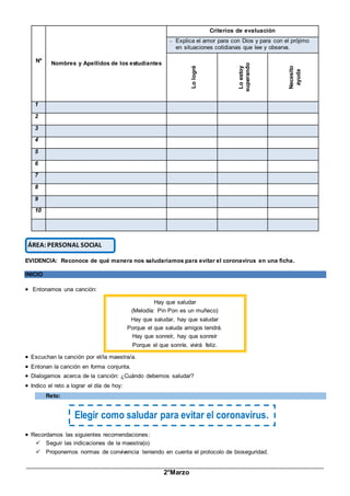 _____________________________________________________________________________________________
2°Marzo
Nº Nombres y Apellidos de los estudiantes
Criterios de evaluación
- Explica el amor para con Dios y para con el prójimo
en situaciones cotidianas que lee y observa.
Lo
logré
Lo
estoy
superando
Necesito
ayuda
1
2
3
4
5
6
7
8
9
10
EVIDENCIA: Reconoce de qué manera nos saludaríamos para evitar el coronavirus en una ficha.
INICIO
 Entonamos una canción:
Hay que saludar
(Melodía: Pin Pon es un muñeco)
Hay que saludar, hay que saludar
Porque el que saluda amigos tendrá.
Hay que sonreír, hay que sonreír
Porque el que sonríe, vivirá feliz.
 Escuchan la canción por el/la maestra/a.
 Entonan la canción en forma conjunta.
 Dialogamos acerca de la canción: ¿Cuándo debemos saludar?
 Indico el reto a lograr el día de hoy:
Reto:
 Recordamos las siguientes recomendaciones:
 Seguir las indicaciones de la maestra(o)
 Proponemos normas de convivencia teniendo en cuenta el protocolo de bioseguridad.
ÁREA: PERSONAL SOCIAL
Elegir como saludar para evitar el coronavirus.
 