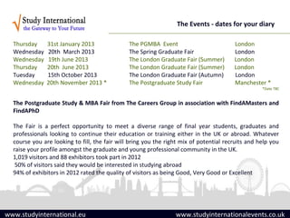The Events - dates for your diary

  Thursday     31st January 2013               The PGMBA Event                          London
  Wednesday    20th March 2013                 The Spring Graduate Fair                 London
  Wednesday    19th June 2013                  The London Graduate Fair (Summer)        London
  Thursday     20th June 2013                  The London Graduate Fair (Summer)        London
  Tuesday      15th October 2013               The London Graduate Fair (Autumn)        London
  Wednesday    20th November 2013 *            The Postgraduate Study Fair              Manchester *
                                                                                                   *Date TBC


  The Postgraduate Study & MBA Fair from The Careers Group in association with FindAMasters and
  FindAPhD

  The Fair is a perfect opportunity to meet a diverse range of final year students, graduates and
  professionals looking to continue their education or training either in the UK or abroad. Whatever
  course you are looking to fill, the fair will bring you the right mix of potential recruits and help you
  raise your profile amongst the graduate and young professional community in the UK.
  1,019 visitors and 88 exhibitors took part in 2012
   50% of visitors said they would be interested in studying abroad
  94% of exhibitors in 2012 rated the quality of visitors as being Good, Very Good or Excellent




www.studyinternational.eu                                        www.studyinternationalevents.co.uk
 
