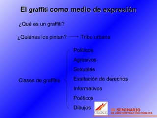 ¿Qué es un graffiti? ¿Quiénes los pintan? Tribu urbana Clases de graffitis Políticos Agresivos Sexuales Exaltación de derechos Informativos Poéticos Dibujos El  graffiti  como medio de expresión  