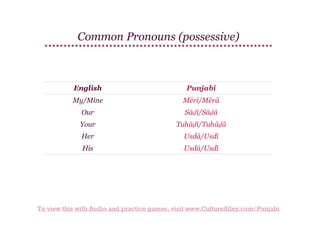 Common Pronouns (possessive)

English

Punjabi

My/Mine

Mērī/Mērā

Our

Sāḍī/Sāḍā

Your

Tuhāḍī/Tuhāḍā

Her

Usdā/Usdī

His

Usdā/Usdī

To view this with Audio and practice games, visit www.CultureAlley.com/Punjabi

 