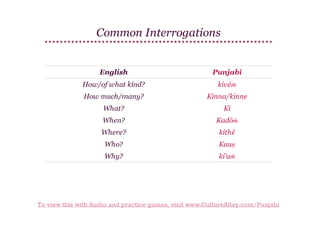 Common Interrogations

English

Punjabi

How/of what kind?

kivēṁ

How much/many?

Kinna/kinne

What?

Kī

When?

Kadōṁ

Where?

kithē

Who?

Kauṇ

Why?

ki'uṁ

To view this with Audio and practice games, visit www.CultureAlley.com/Punjabi

 