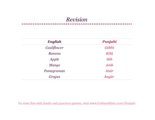 Revision

English

Punjabi

Cauliflower

Gōbhī

Banana

Kēlā

Apple

Sēb

Mango

Amb

Pomegranate

Anār

Grapes

Angūr

To view this with Audio and practice games, visit www.CultureAlley.com/Punjabi

 