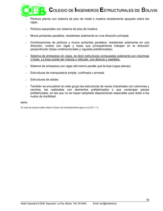30
Abdón Saavedra N.2048. Sopocachi. La Paz, Bolivia. Telf. 2410440. Email: aic2@entelnet.bo
C
CO
OL
LE
EG
GI
IO
O D
DE
E I
IN
NG
GE
EN
NI
IE
ER
RO
OS
S E
ES
ST
TR
RU
UC
CT
TU
UR
RA
AL
LE
ES
S D
DE
E B
BO
OL
LI
IV
VI
IA
A
- Pórticos planos con sistema de piso de metal o madera simplemente apoyado sobre las
vigas.
- Pórticos espaciales con sistema de piso de madera.
- Muros portantes paralelos, resistentes solamente en una dirección principal,
- Combinaciones de pórticos y muros portantes paralelos, resistentes solamente en una
dirección, unidos con vigas y losas que principalmente trabajan en la dirección
perpendicular (losas unidireccionales y viguetas prefabricadas).
- Sistema de entrepisos sin vigas, es decir estructuras compuestas solamente por columnas
y losas. La losa puede ser maciza o reticular, con ábacos y capiteles.
- Sistema de entrepisos con vigas del mismo peralte que la losa (vigas planas)
- Estructuras de mampostería simple, confinada o armada.
- Estructuras de adobe.
- También se encuadran en este grupo las estructuras de naves industriales con columnas y
cerchas, las realizadas con elementos prefabricados o que contengan piezas
prefabricadas, en las que no se hayan adoptado disposiciones especiales para dotar a los
nudos de ductilidad.
NOTA:
En caso de duda se debe utilizar el factor de comportamiento igual a uno (FC = 1).
 