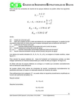 35
Abdón Saavedra N.2048. Sopocachi. La Paz, Bolivia. Telf. 2410440. Email: aic2@entelnet.bo
C
CO
OL
LE
EG
GI
IO
O D
DE
E I
IN
NG
GE
EN
NI
IE
ER
RO
OS
S E
ES
ST
TR
RU
UC
CT
TU
UR
RA
AL
LE
ES
S D
DE
E B
BO
OL
LI
IV
VI
IA
A
Para calcular las constantes de resorte de los apoyos elásticos se pueden utilizar las siguientes
formulas:





1
4 R
G
KZ
 
 2
2
2
1
20
.
18








 R
G
K
K Y
X
3
70
.
2 R
G
K
K RY
RX 



3
30
.
5 R
G
KRZ 


donde:
G = módulo de corte del suelo
R = radio de la zapata circular o radio equivalente de una zapata rectangular. La zapata circular
equivalente debe tener la misma área que la zapata rectangular para la deducción del radio R
 = coeficiente de Poisson del suelo
Kx y Ky
=
resortes traslacionales horizontales del punto (nudo) de apoyo
Kz = resorte traslacional vertical del punto de apoyo
Krx y Kry = resortes rotacionales horizontales (balanceo) del punto de apoyo
Krz = resorte rotacional alrededor del eje vertical (torsión) del punto de apoyo
Los valores de resorte indicados (Kx, Ky, Kz, Krx, Kry y Krz), se asignan al modelo analítico, véase
figura 9.1.
Para calcular los apoyos elásticos de losas de fundación y/o fundaciones corridas, se debe
trabajar solamente con resortes traslacionales por unidad de área y/o longitud. Ver figura 9.2.
Al utilizar este tipo de apoyos elásticos se consigue un modelo que considera razonablemente
bien la interacción suelo estructura.
Se pueden utilizar otros valores de constantes de resorte, considerando razonablemente los
parámetros del suelo, en base a un adecuado estudio de mecánica de suelos.
Para edificaciones de la categoría “C”, se puede utilizar el siguiente procedimiento simplificado en
función del coeficiente de balasto KB:
Resorte vertical:
Kz = KB x A
Resortes horizontales:
Kx ≤ Kz x 0.8
Ky ≤ Kz x 0.8
 
