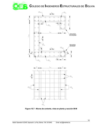 52
Abdón Saavedra N.2048. Sopocachi. La Paz, Bolivia. Telf. 2410440. Email: aic2@entelnet.bo
C
CO
OL
LE
EG
GI
IO
O D
DE
E I
IN
NG
GE
EN
NI
IE
ER
RO
OS
S E
ES
ST
TR
RU
UC
CT
TU
UR
RA
AL
LE
ES
S D
DE
E B
BO
OL
LI
IV
VI
IA
A
Figura 10.7 - Muros de cortante, vista en planta y sección M-M
 