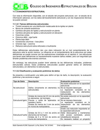 60
Abdón Saavedra N.2048. Sopocachi. La Paz, Bolivia. Telf. 2410440. Email: aic2@entelnet.bo
C
CO
OL
LE
EG
GI
IO
O D
DE
E I
IN
NG
GE
EN
NI
IE
ER
RO
OS
S E
ES
ST
TR
RU
UC
CT
TU
UR
RA
AL
LE
ES
S D
DE
E B
BO
OL
LI
IV
VI
IA
A
11.1.6 DIAGNOSTICO ESTRUCTURAL
Con toda la información disponible, con el estudio del proyecto estructural, con el estudio de la
información adicional, con los datos del levantamiento estructural y con las inspecciones técnicas
se puede conocer:
11.1.6.1 Típicas deficiencias estructurales
 Torsión excesiva por una distribución inadecuada de la rigidez en planta
 Muros de cortante excéntricos
 Cambios abruptos de rigidez y estructuración en planta
 Cambios abruptos de rigidez y estructuración en elevación
 Columnas cortas
 Columna débil - viga fuerte
 Planta baja débil
 Conexiones columnas – losa plana
 Uniones viga – columna
 Refuerzo estructural sobre-reforzado e insuficiente
Estas deficiencias estructurales dan una clara indicación de un mal comportamiento de la
estructura ante la acción sísmica. La influencia en el comportamiento de la estructura por estas
deficiencias se puede conocer por las explicaciones mostradas en el capítulo 4. Las estructuras
que tienen esas deficiencias no necesariamente muestran daños visibles, pero con seguridad que
tendrán problemas ante eventos sísmicos.
Sin embargo, las estructuras pueden tener además de las deficiencias indicadas, problemas
estructurales activos. Estos problemas estructurales pueden generar daños en elementos
estructurales y en elementos no estructurales.
11.1.6.2 Clasificación y evaluación preliminar de daños
Se presenta a continuación una tabla para definir el tipo de daño, la descripción, la evaluación
preliminar y las acciones a seguir.
Tipo de Daño Descripción Evaluación preliminar
No estructural Daños únicamente en elementos no
estructurales.
No existe reducción en la capacidad
estructural.
No se requiere desocupar.
La reparación consistirá en la
restauración de los elementos
estructurales.
Estructural ligero
Grietas de menos de 0.5 mm de ancho
en elementos de hormigón.
Fisuras y caída de aplanados en
paredes y techo.
Grietas de menos de 3 mm de ancho
en muros de mampostería.
No existe reducción en la capacidad
estructural.
No se requiere desocupar.
La reparación consistirá en la
restauración de los elementos
dañados.
Estructural fuerte
Grietas de 0.5 a 1 mm de ancho en
elementos de hormigón.
Grietas de 3 a 10 mm de ancho en
muros de mampostería.
Existe una reducción importante en
la capacidad estructural.
Debe desocuparse y mantenerse
sólo acceso controlado, previa
rehabilitación temporal.
Es necesario realizar un proyecto
 