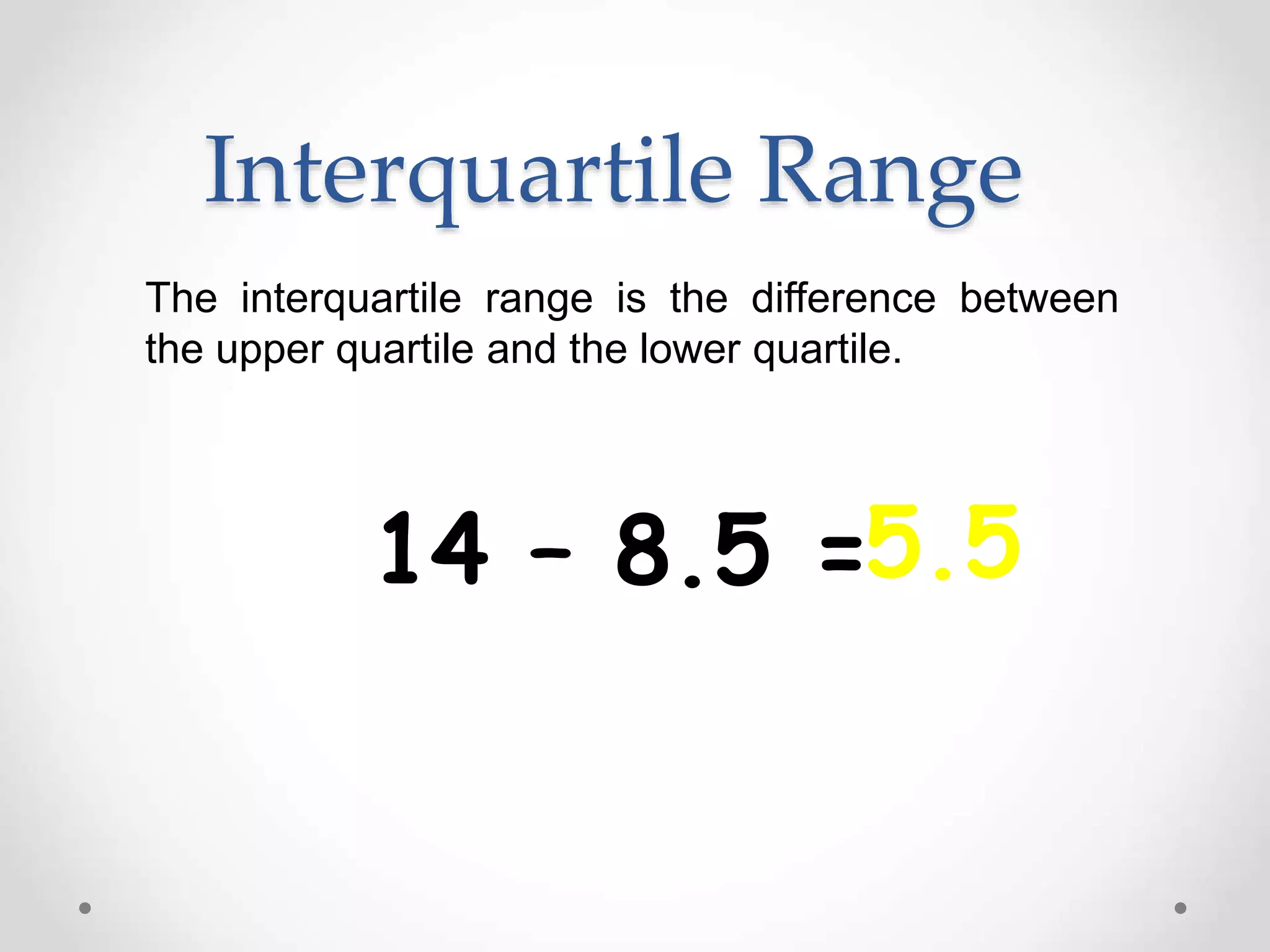 Interquartile Range
The interquartile range is the difference between
the upper quartile and the lower quartile.
14 – 8.5 =5.5
 