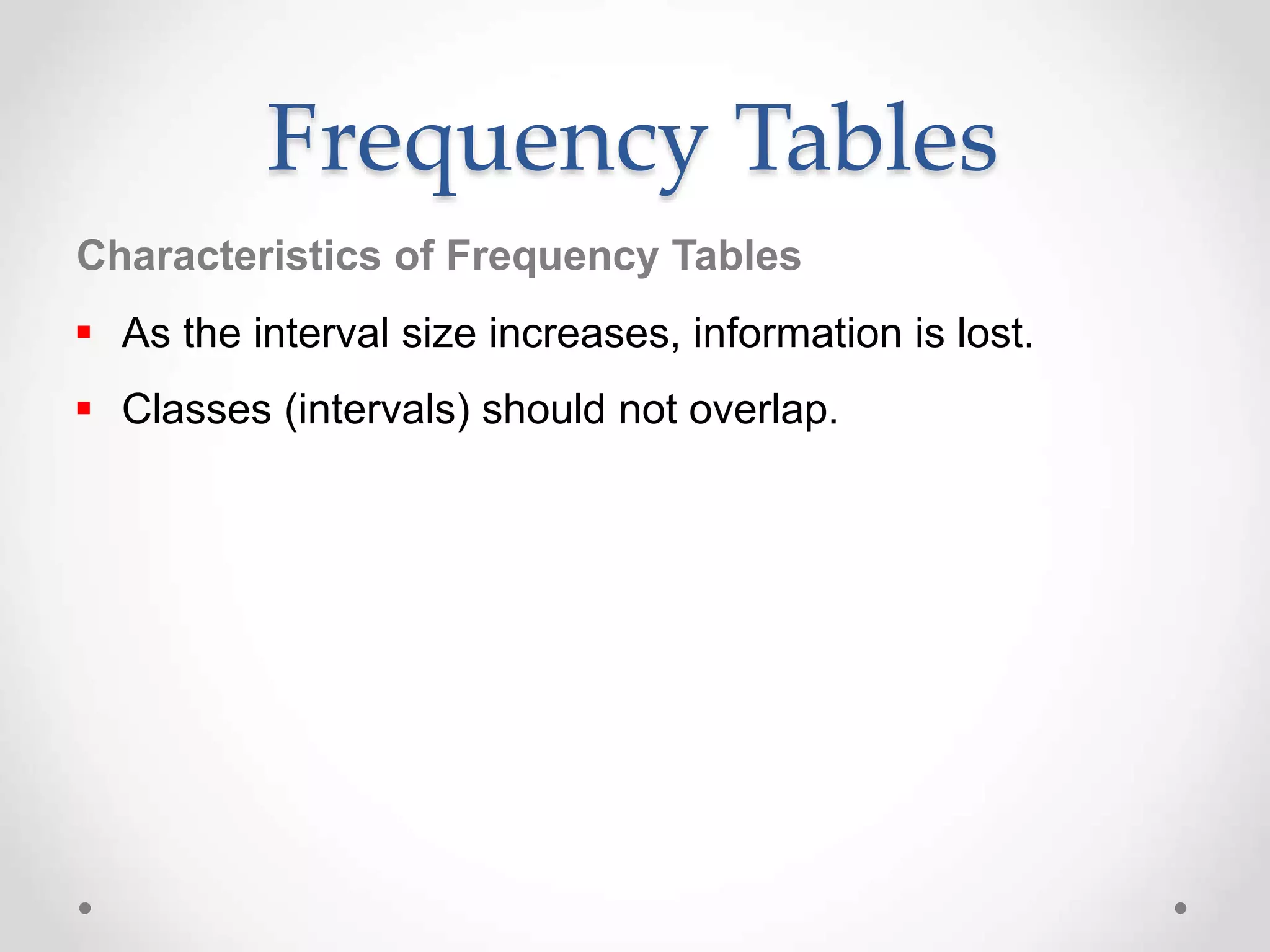  As the interval size increases, information is lost.
 Classes (intervals) should not overlap.
Frequency Tables
Characteristics of Frequency Tables
 