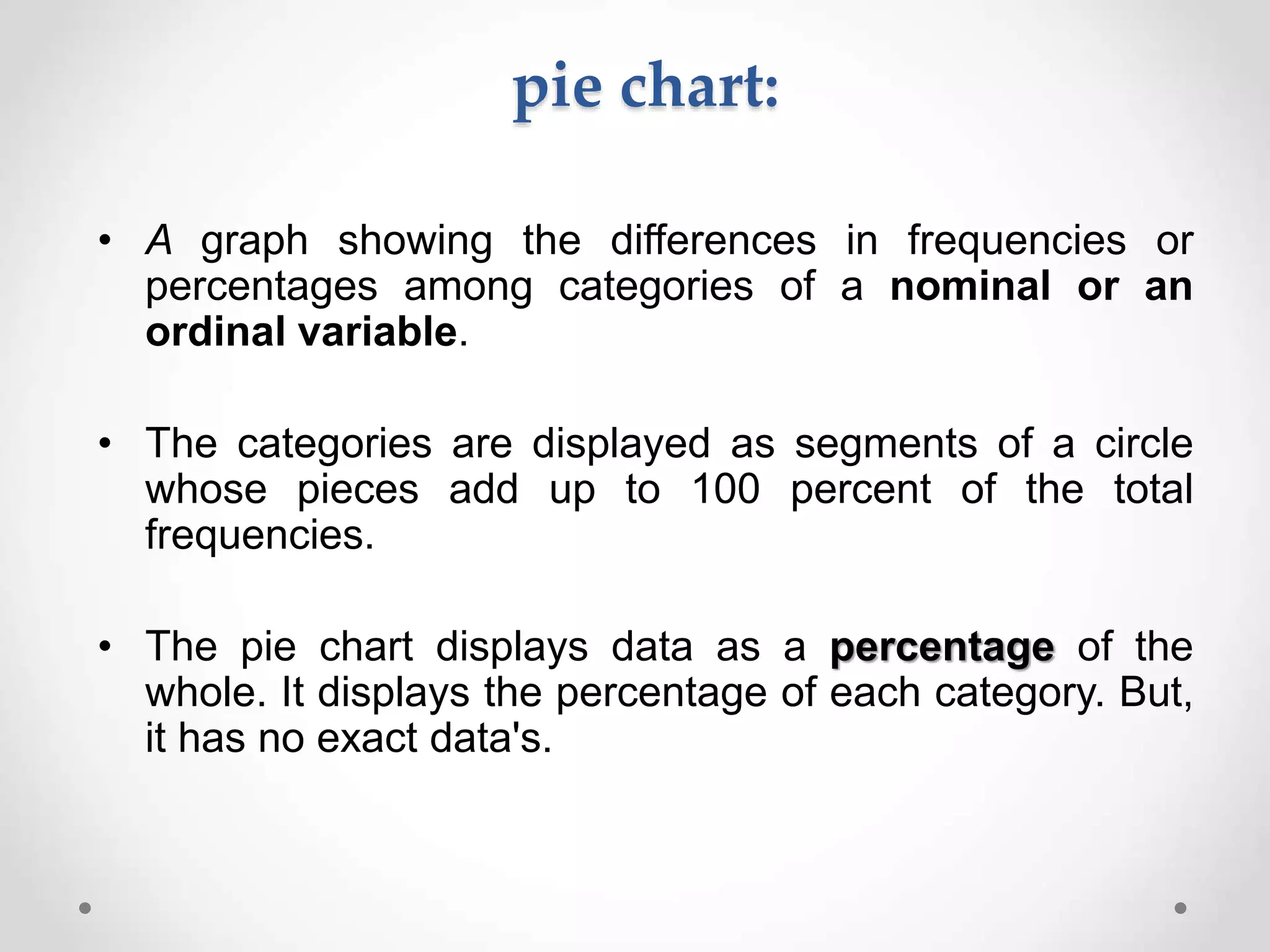 pie chart:
• A graph showing the differences in frequencies or
percentages among categories of a nominal or an
ordinal variable.
• The categories are displayed as segments of a circle
whose pieces add up to 100 percent of the total
frequencies.
• The pie chart displays data as a percentage of the
whole. It displays the percentage of each category. But,
it has no exact data's.
 